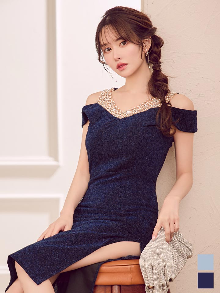 送料無料!ラメビジューショルダーサイドスリットミディアムドレス