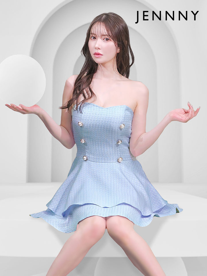 JENNNY】ツイードベアトップフレアドレス/パールボタン/谷間見せ/背中