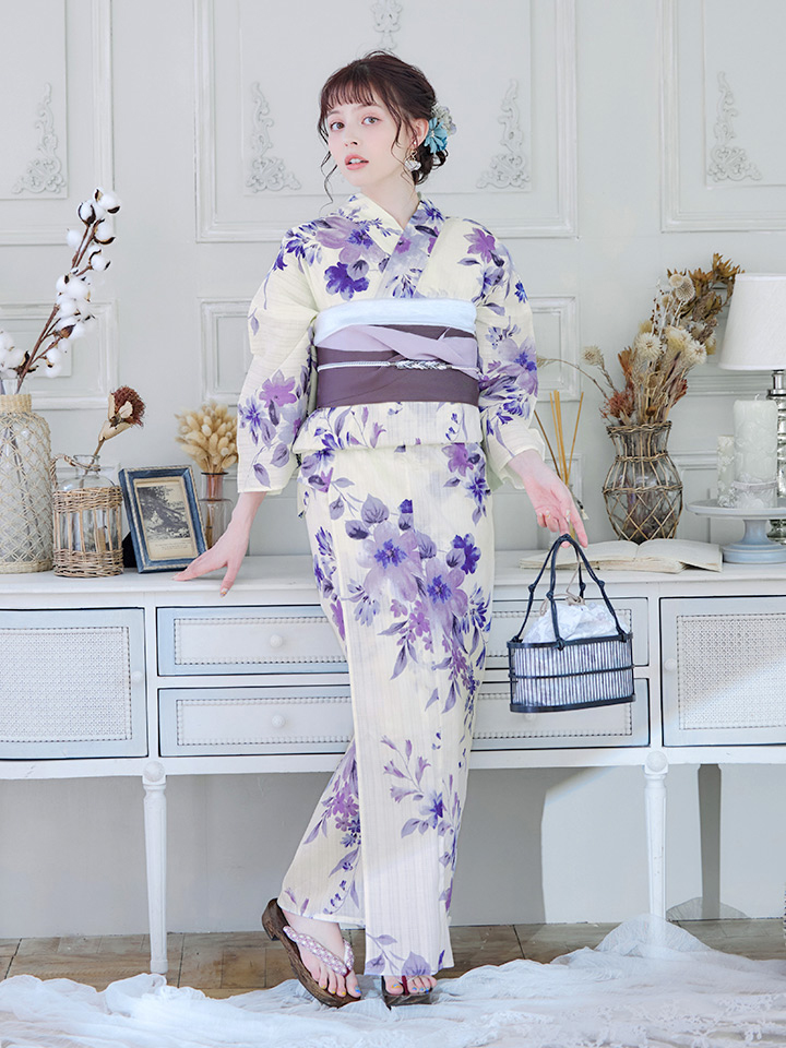 即日発送】白地xパープルグラデーション浴衣【浴衣3点セット 浴衣/帯