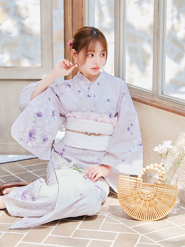 浴衣セール！】【即日発送】可憐なパープルxホワイト牡丹浴衣【浴衣3