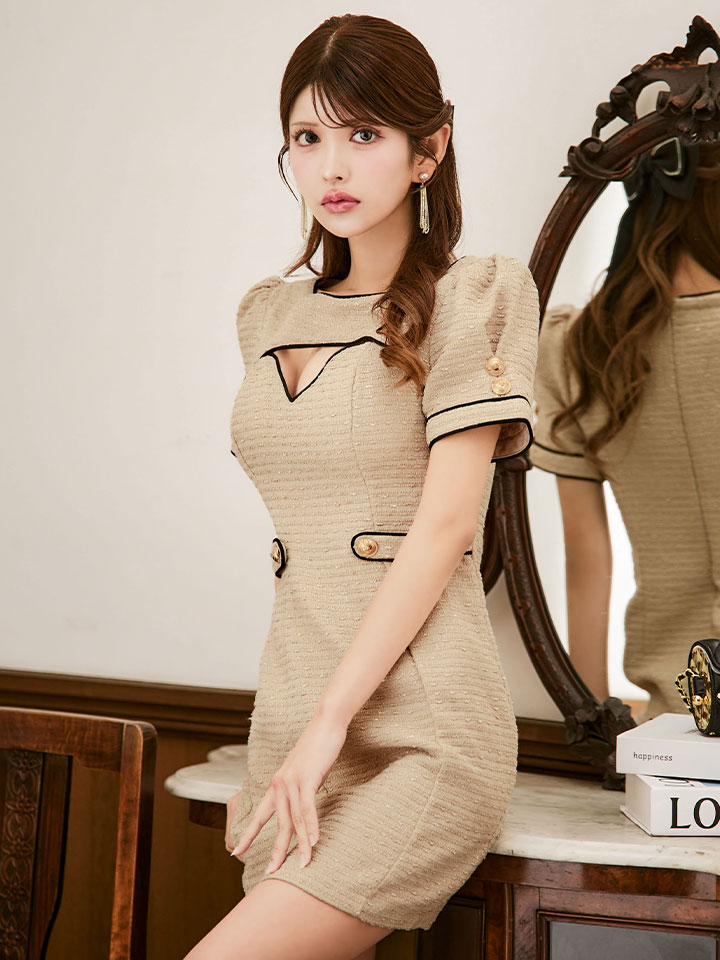 バイカラーツイードドレス/半袖/パイピング/ボタン/タイト/谷間見せ