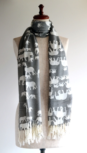 アニマル柄 ストール】SS/AW 象柄（ブラック・ホワイト・グレー