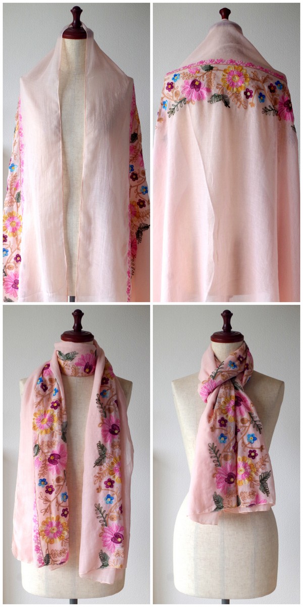 刺しゅう ストール 花 モチーフ 大判ストール ピンク 白 黒 グレー