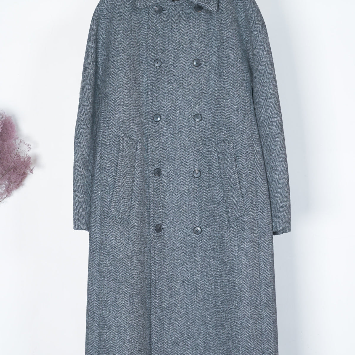 Auralee Women Shetland Wool Double Cloth Coat Grey Herringbone – OKURA