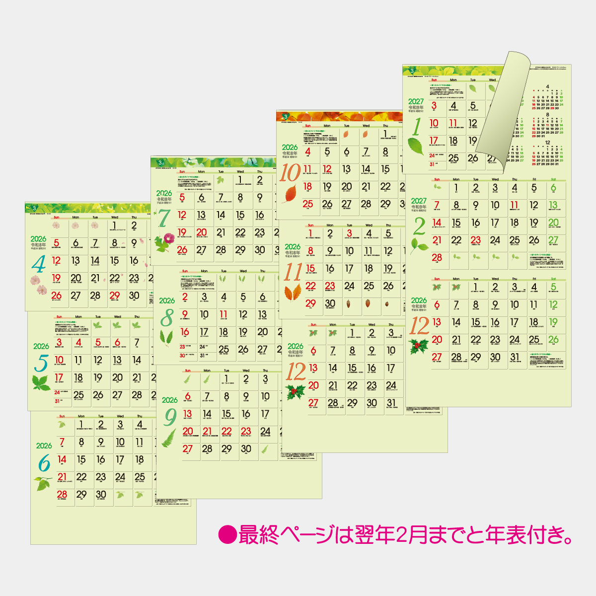 TD-787 グリーン3ヶ月eco(上から順タイプ)2026年版の名入れカレンダー