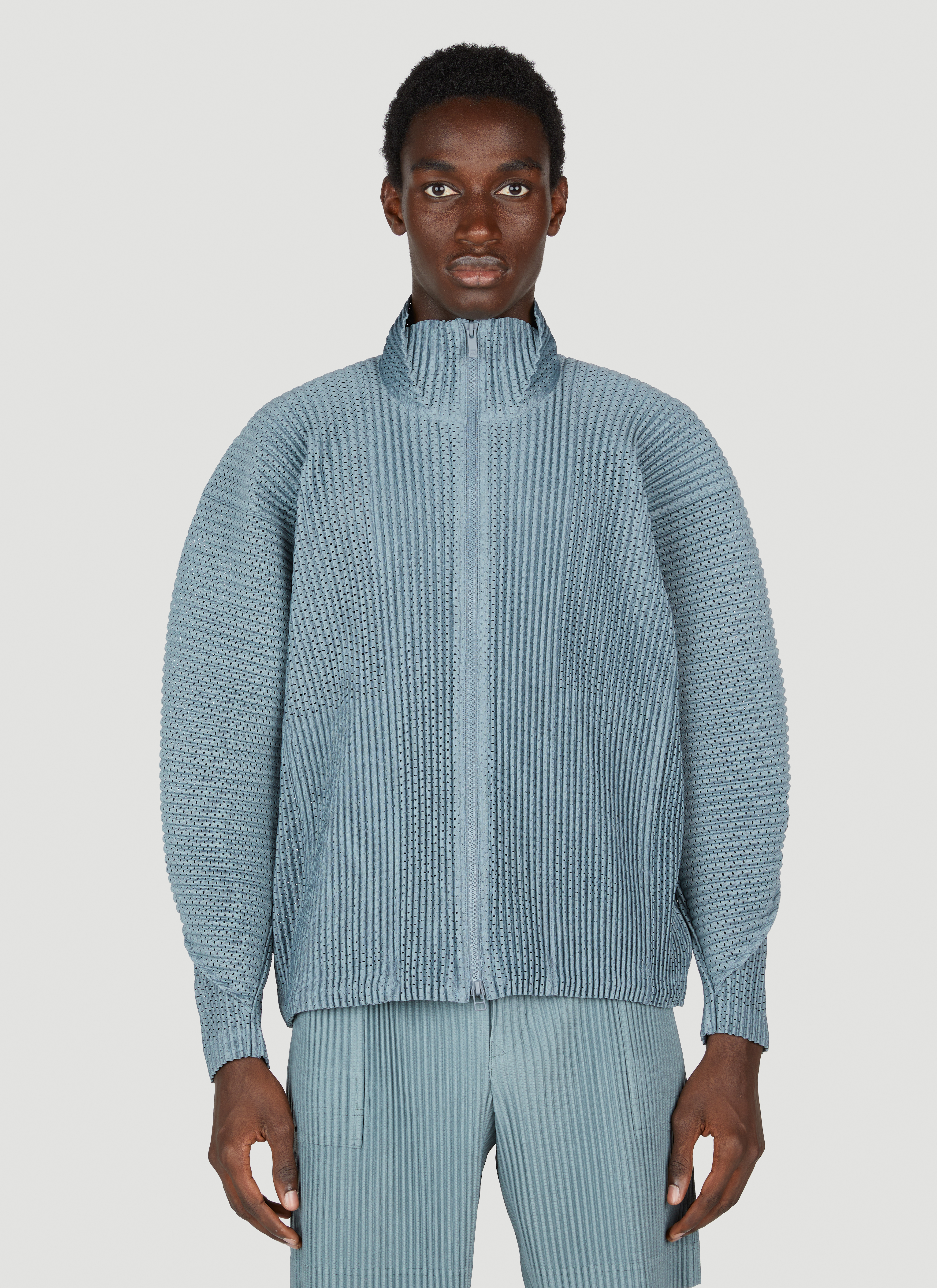 Homme Plissé Issey Miyake Men's' Pleated Zip Up Cardigan in Grey