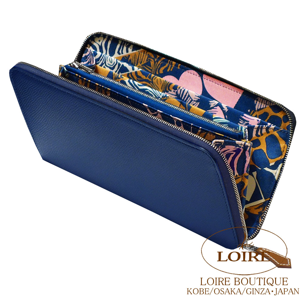 エルメス　長財布　シルクイン　ブルー エルメス シルクイン アザップ ラウンドファスナー長財布 ブルー HERMES