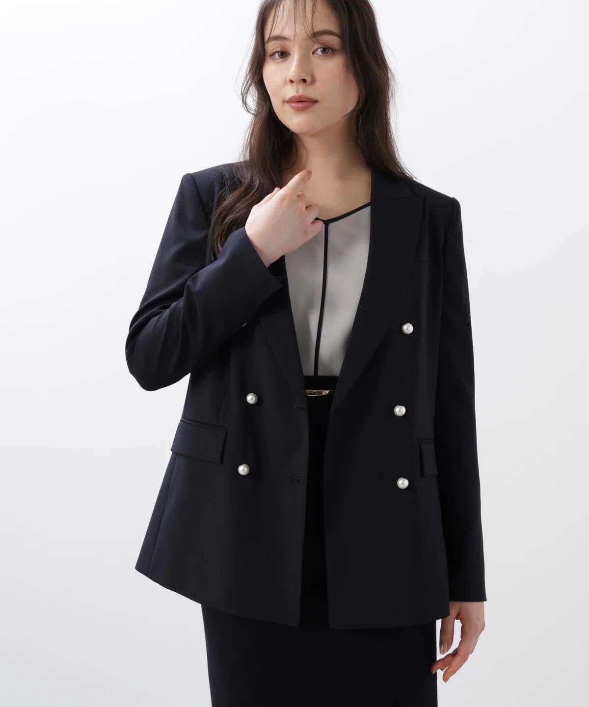 PINKY&DIANNE - ダブルブレストジャケット (ネイビー) / ポリエステル