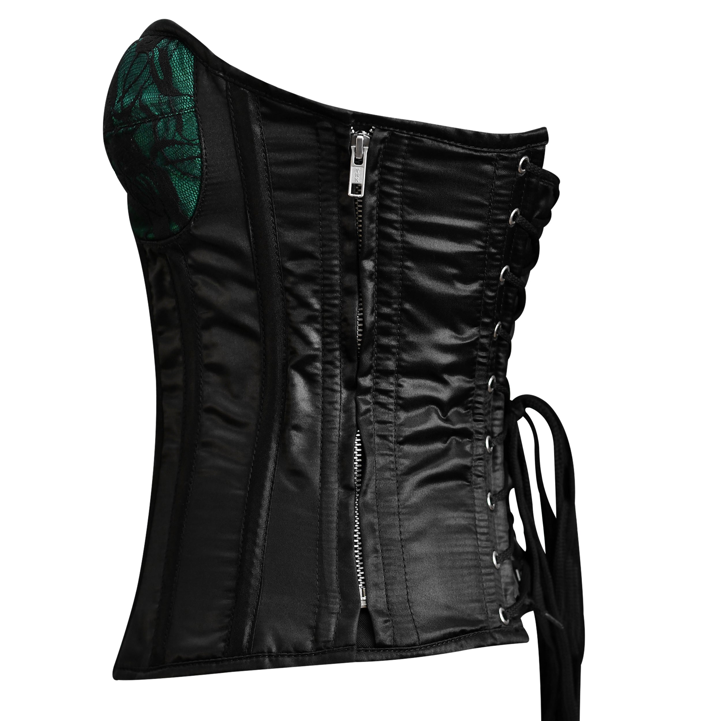 Green Satin Steel Boned Over bust corset Top w/ Flower Lace