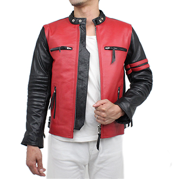 特価品】革ジャンスタンド襟シングルライダース2色使い（水牛革）赤