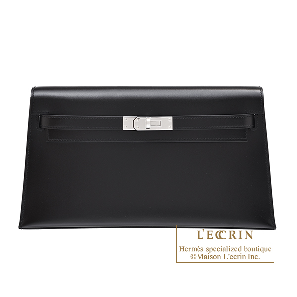 エルメス ケリーエラン/外縫い ブラック ボックスカーフ シルバー金具