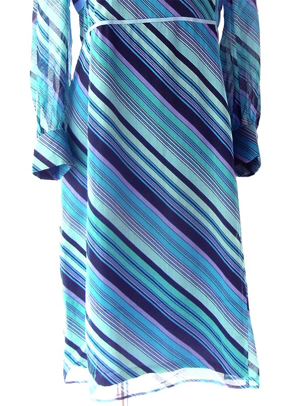 送料無料】70年代製 水色 X パープル・ブラック ストライプ ピンク