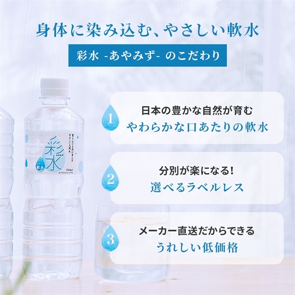 定期便】天然水・ミネラルウォーター(500ml 24本セット)「彩水」ラベル