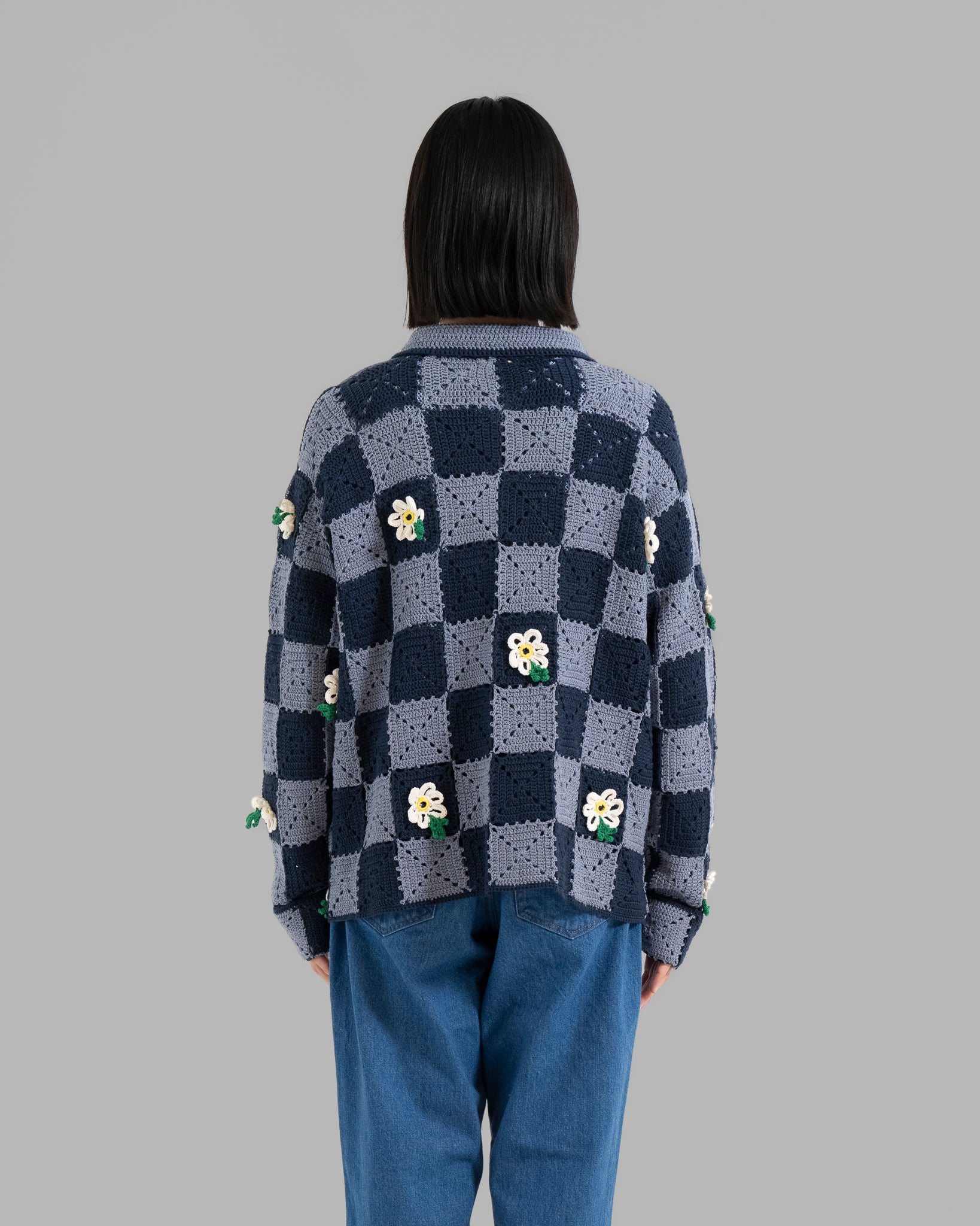 CROCHET FLOWER MOTIF HAND KNIT JACKET - NAVY / LIGHT BLUE