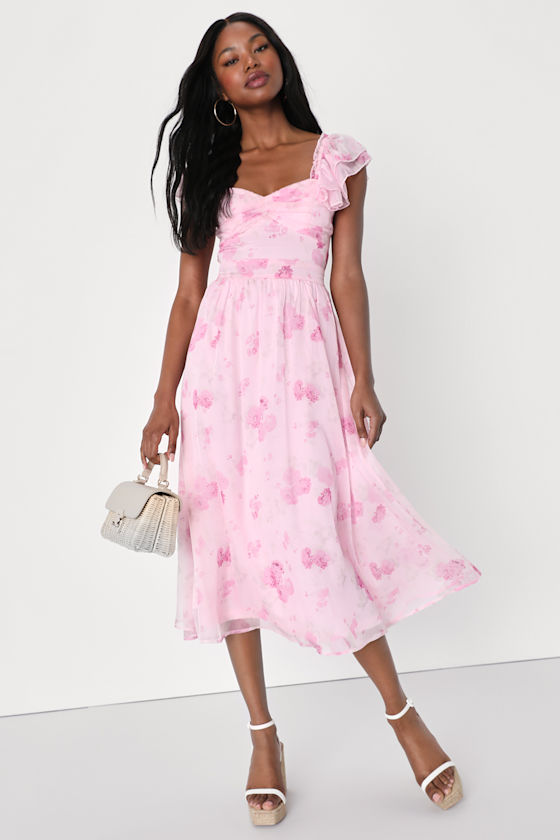 Light Pink Floral Dress - Ruffled Midi Dress - Tie-Back Dress - Lulus