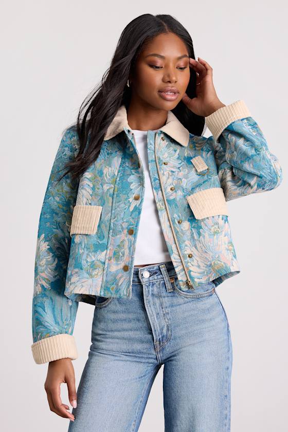 Teal Floral Jacquard Jacket - Collared Jacket - Cropped Jacket - Lulus