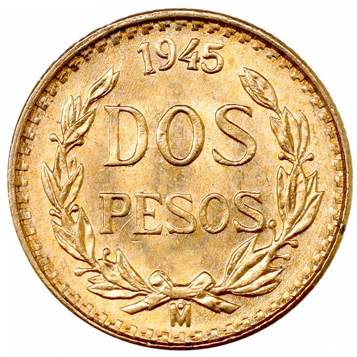 メキシコ 1945年Mo 2ペソ 金貨 メキシコシティミント UNC 未使用