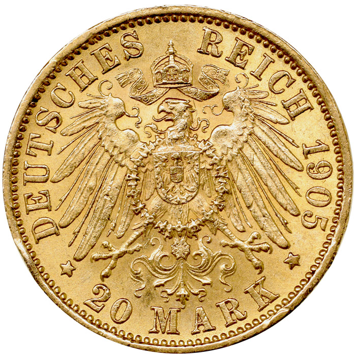 ドイツ・ヴュルテンベルク 1905年F 20マルク 金貨 ヴィルヘルム2世 EF+