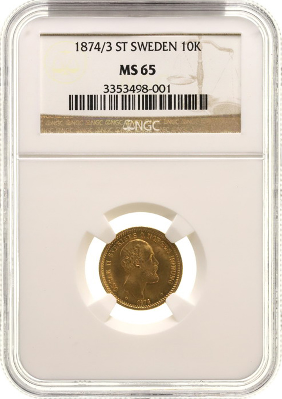 スウェーデン 1874/3年 10クローナ 金貨 オスカル2世 NGC MS65 年号