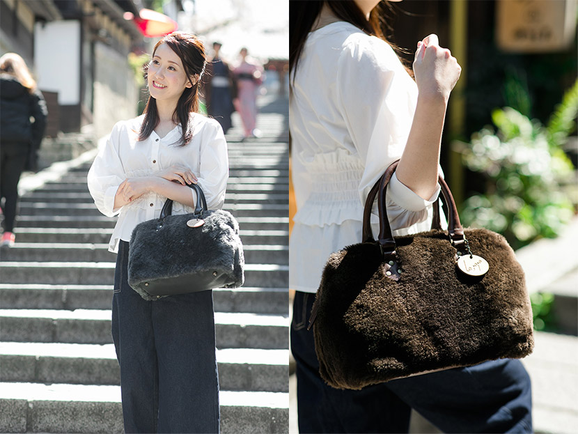 ラ・ジョア(La joie) ムートンボストンバッグ 日本製 【アイボリー