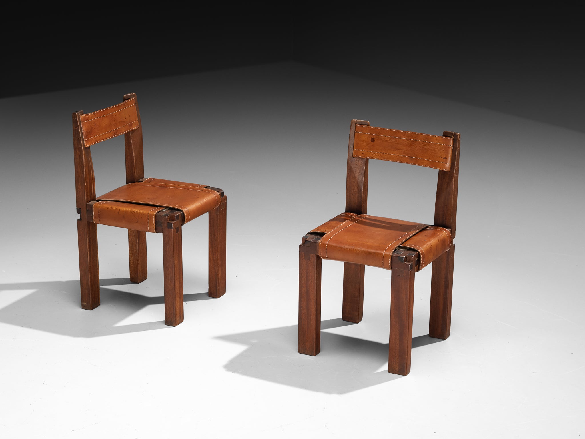 Rare Pierre Chapo Set of Eight S11 Dining Chairs in Sipo Wood and Leat