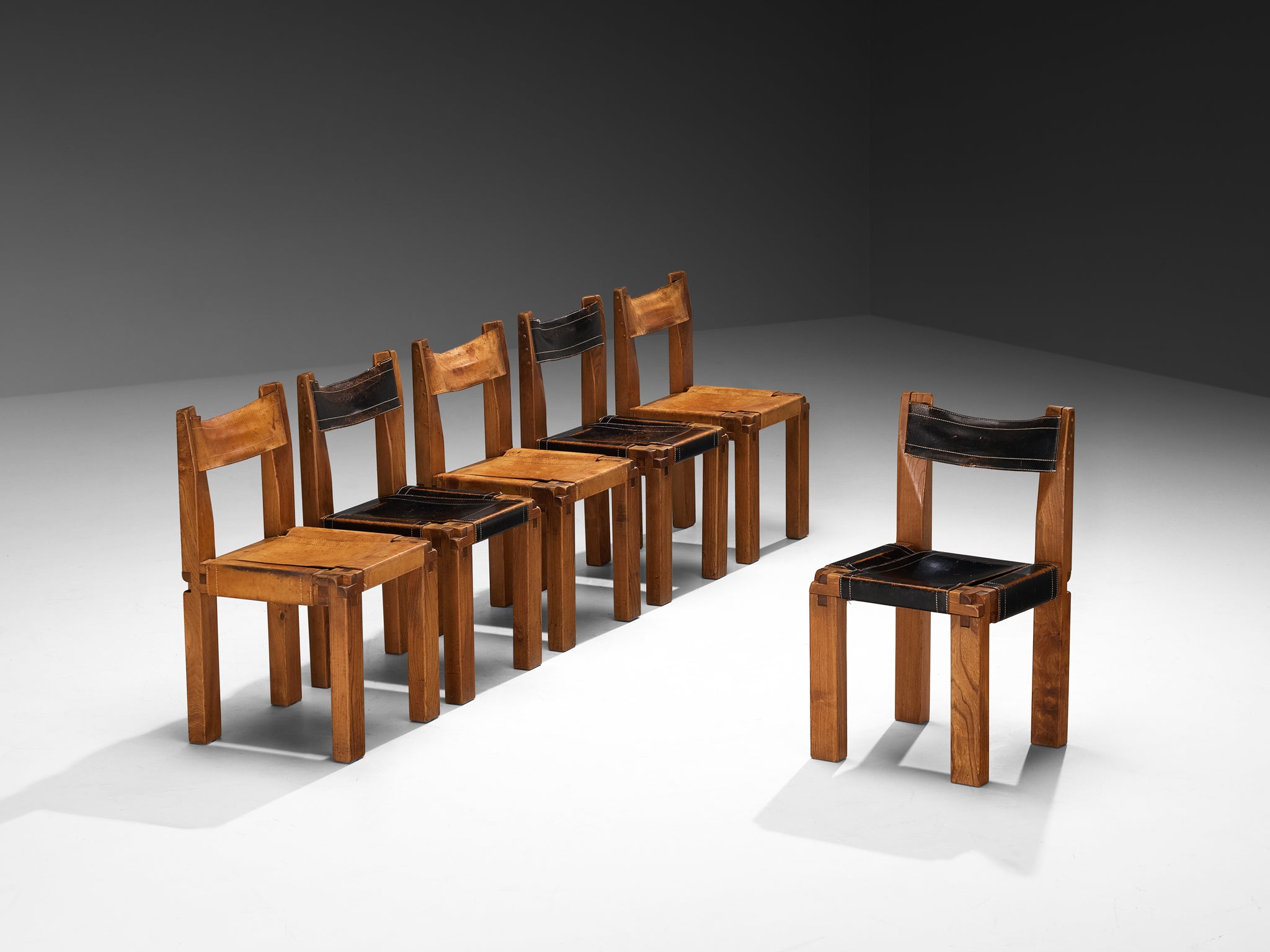Early Pierre Chapo Set of Six 'S11' Dining Chairs in Elm and Cognac Le