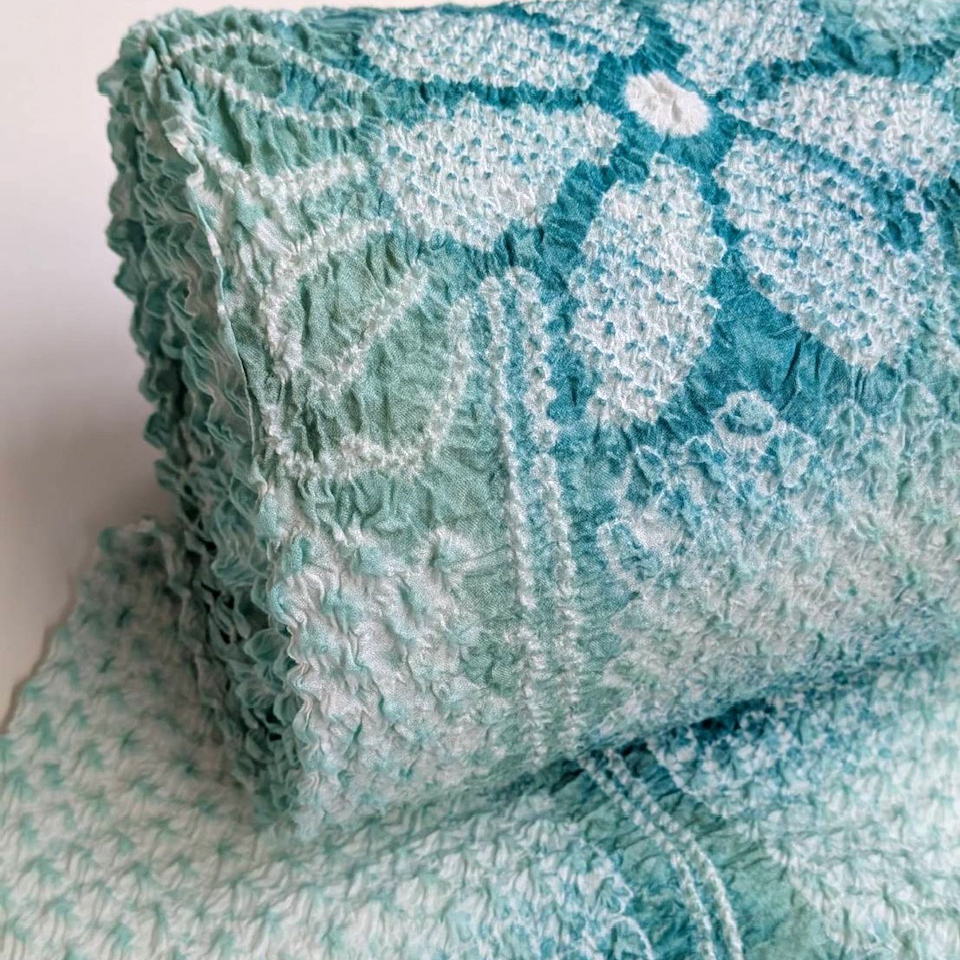 伝統工芸品 有松鳴海絞り浴衣反【水色 花模様】 [250414-arimatu-1