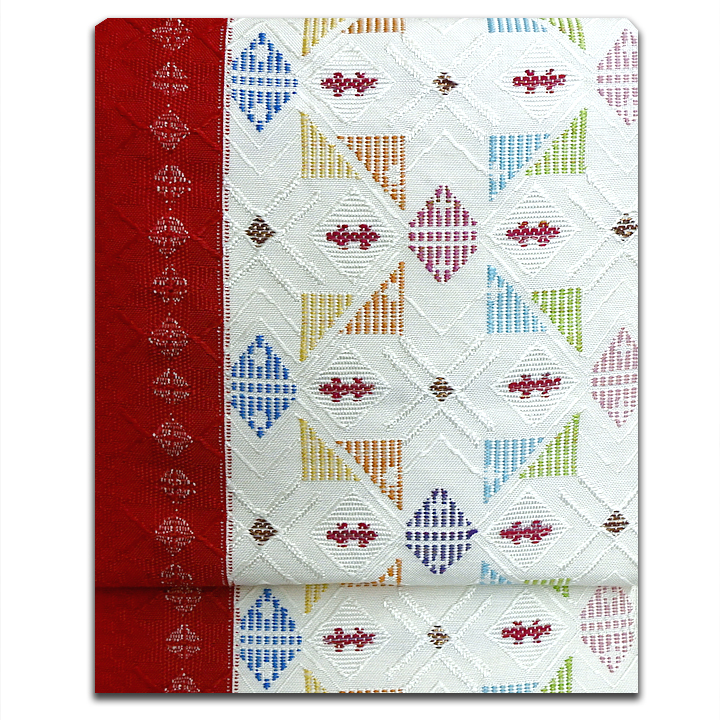 帯屋捨松 西陣織八寸帯【幾何学模様 白×赤】 [220310-sutematu-4