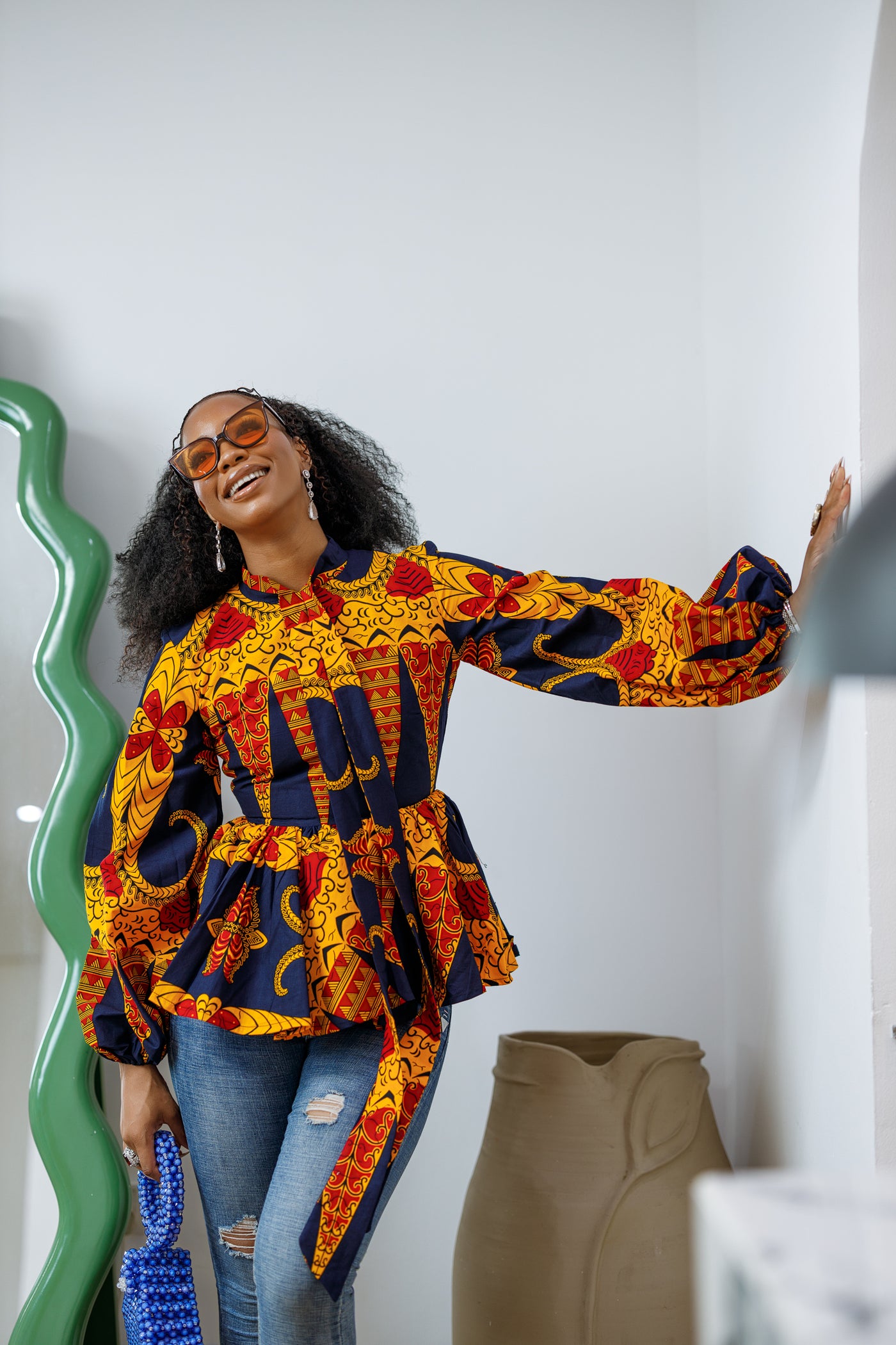 BIBI AFRICAN PRINT TIE NECK PEPLUM TOP [ORANGE] – MAE OTTI