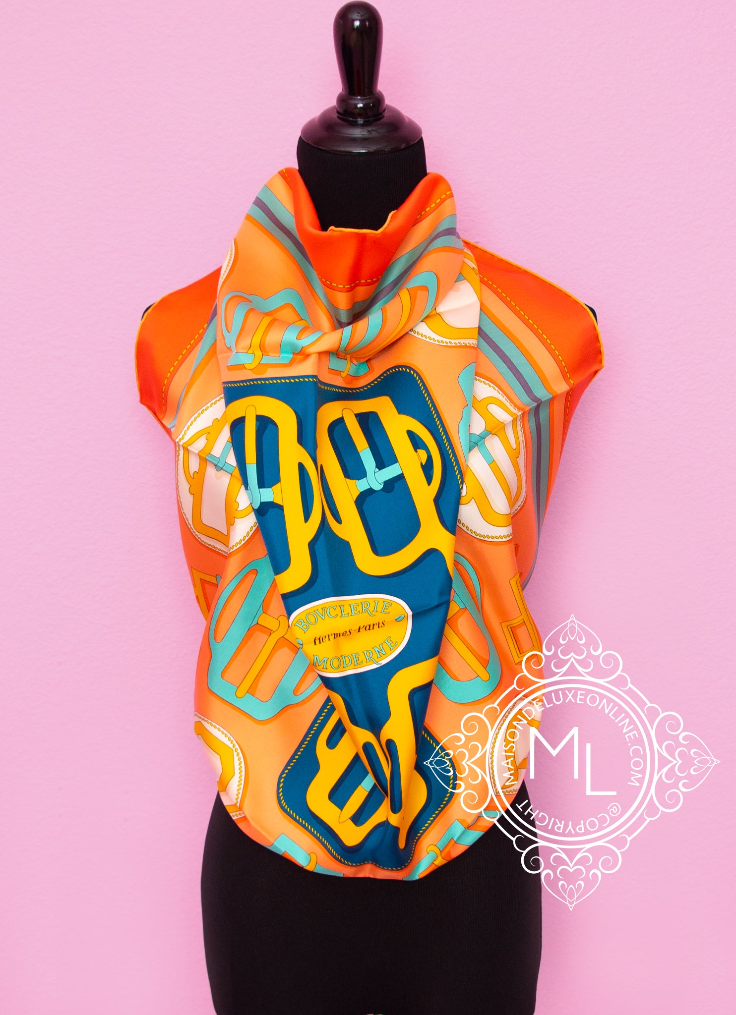 Hermes Orange Twill Silk 90 36 Bouclerie Moderne Scarf Shawl Carre