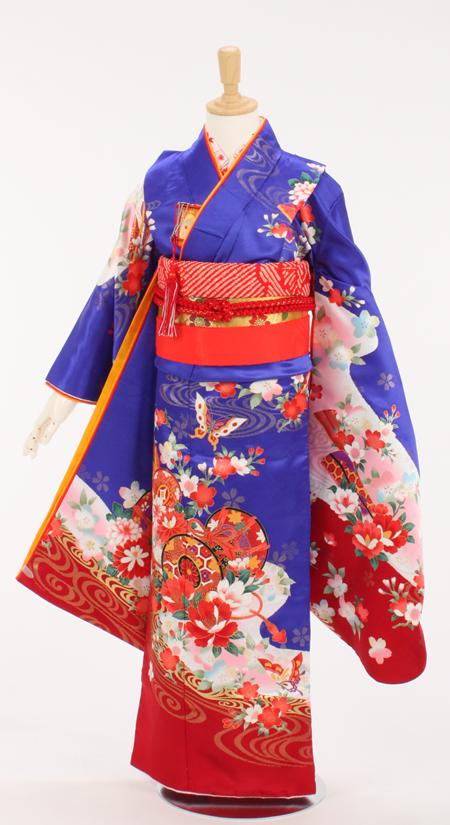 七五三/7才着物レンタル/髪飾り付19点セット/青/鼓に桜と蝶に金箔流水