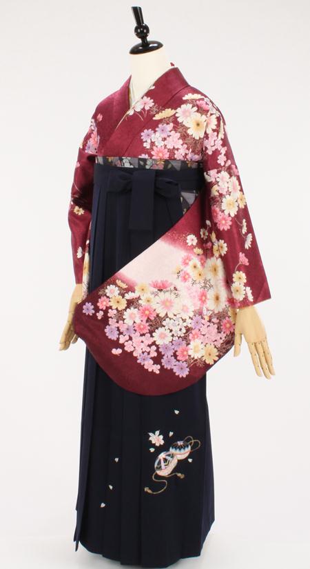 卒業式〔きもの〕レンタル/ワインレッドに秋桜の小振袖/HAC-25｜晴れ着