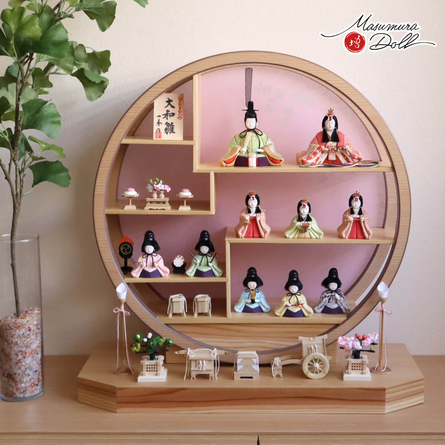木村一秀作 国産杉・円窓飾り 大和雛十人飾り 総木製道具6品 木製燭台