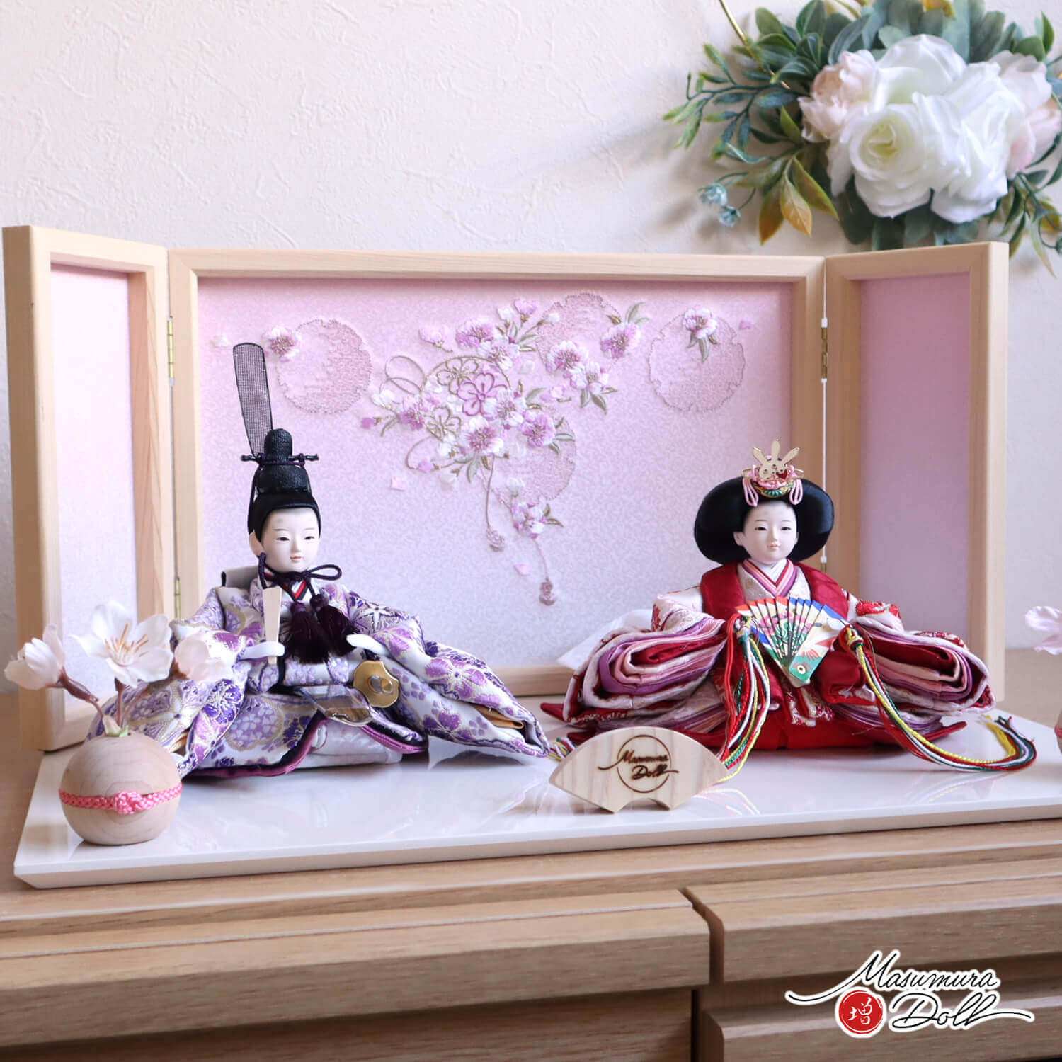 雛人形 新作 増村オリジナル 柳 親王飾り 桜尽くし紫赤 ヒノキ枠屏風