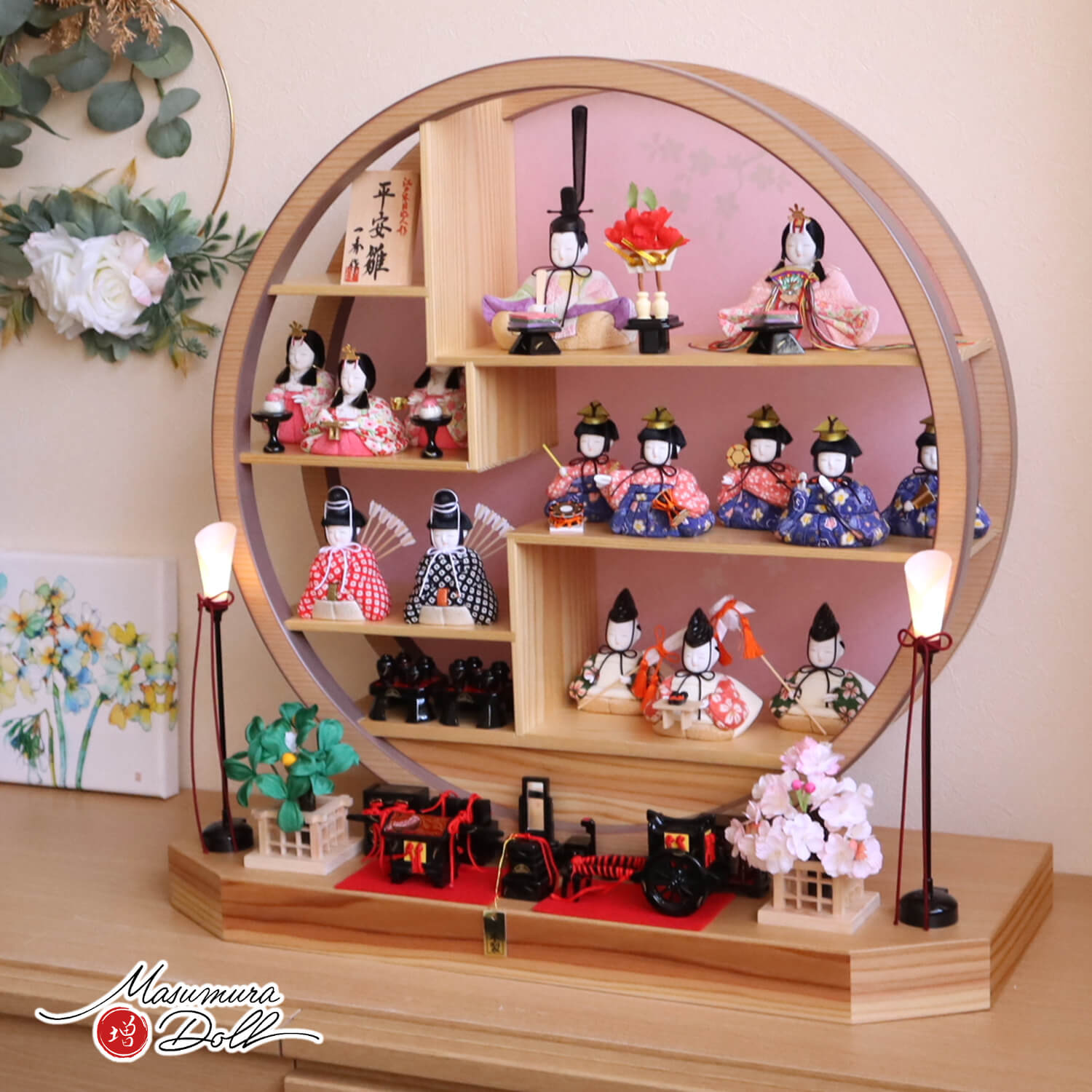 新作 木村一秀作 国産杉・円窓飾り15人総揃 総木製道具九品 コードレス