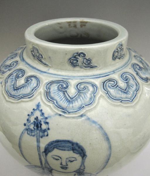 李朝 青花仏文蓋付壺 全高36cm 韓国 朝鮮 陶磁器 希少 地蔵 卍
