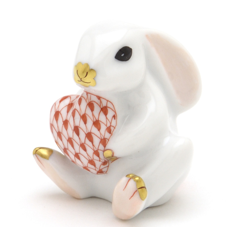 ヘレンド(Herend) うさぎ置物 ハート(赤色の鱗模様)を抱く兎(05575/VH