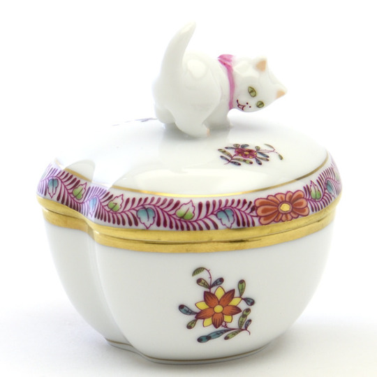 ヘレンド(Herend) ハート形ボックス(高さ:8.2cm)猫飾り アポニー