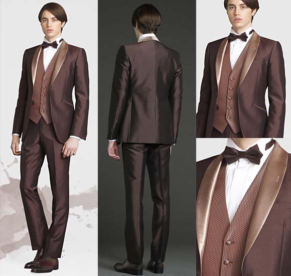 正統派フォーマルタキシード。シャンパンカラーのテーラーとブラウンで