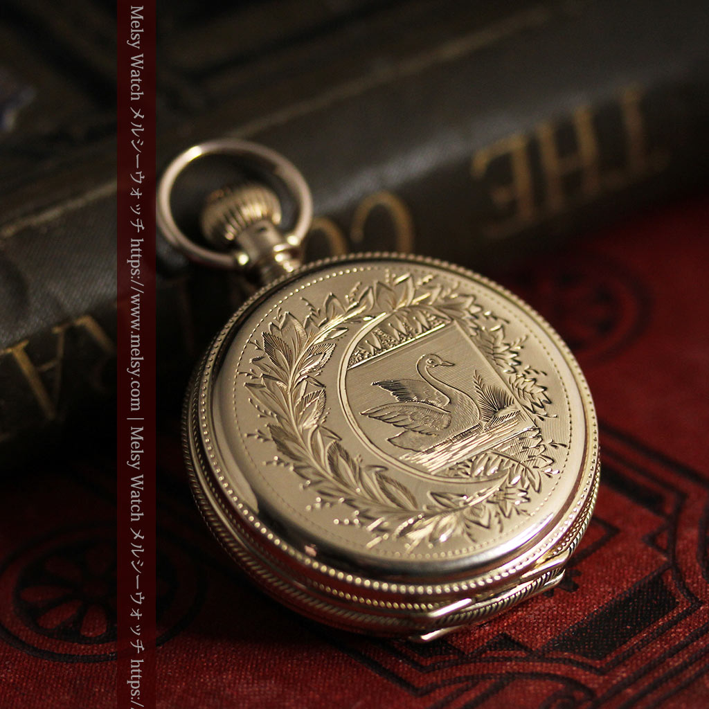 水鳥と植物の彫り エルジンのアンティーク金無垢懐中時計 【1886年頃】