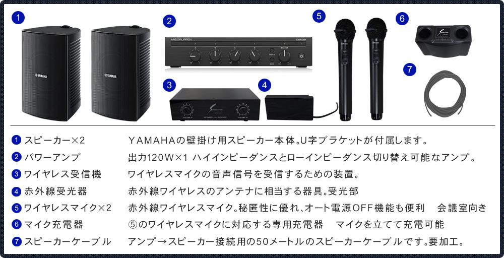 YAMAHA 壁掛けスピーカーVS6 + 赤外線ワイヤレスマイク2本付き設備音響