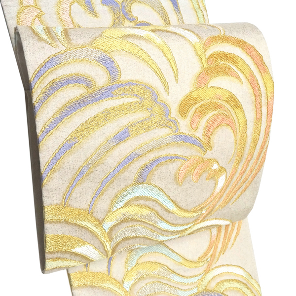 オンラインカタログ]まいづる 袋帯 西陣織 絹 波涛流麗文 生成り色