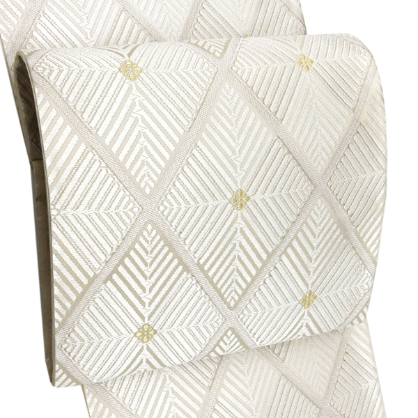 オンラインカタログ]河合美術織物 袋帯 西陣織 正絹 菱 白×シルバー