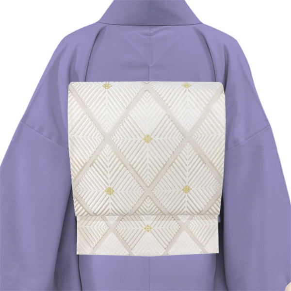 オンラインカタログ]河合美術織物 袋帯 西陣織 正絹 菱 白×シルバー