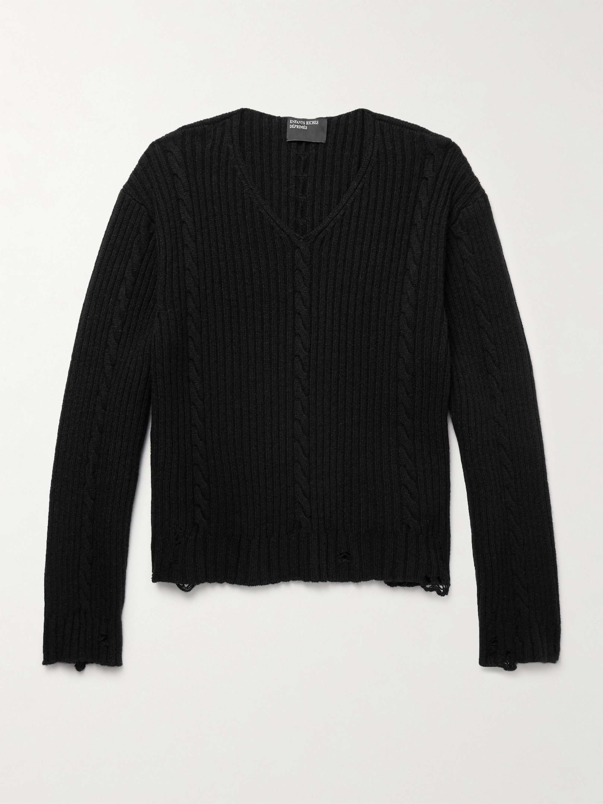 ENFANTS RICHES DÉPRIMÉS Distressed Ribbed Cable-Knit Cashmere