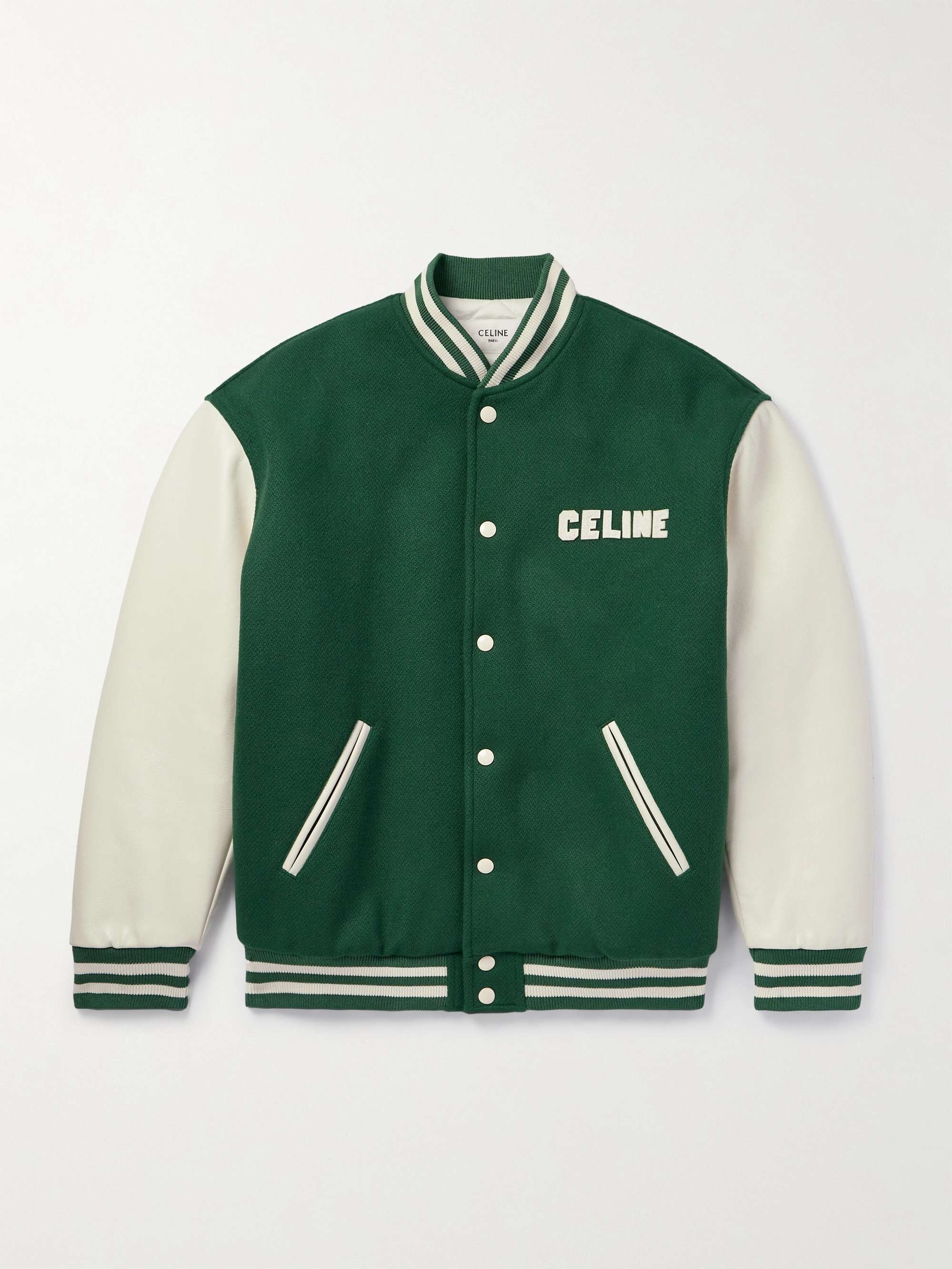 CELINE Teddy Logo-Appliquéd Wool-Blend and Leather Varsity Jacket