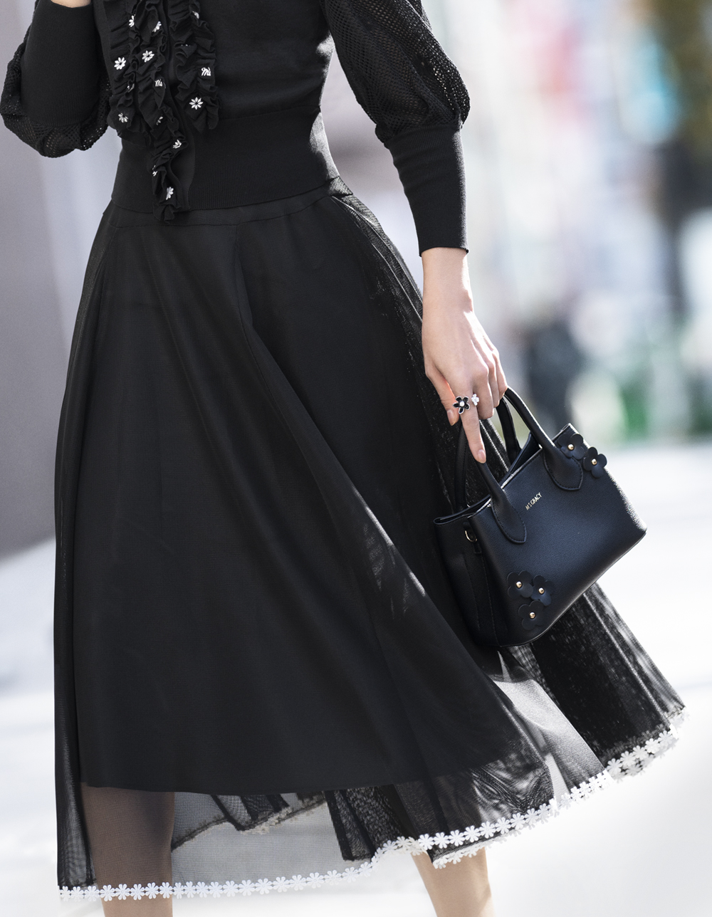 M'S GRACY エムズグレイシー 裾レーススカート 麻混 40 L 黒 M'S GRACY