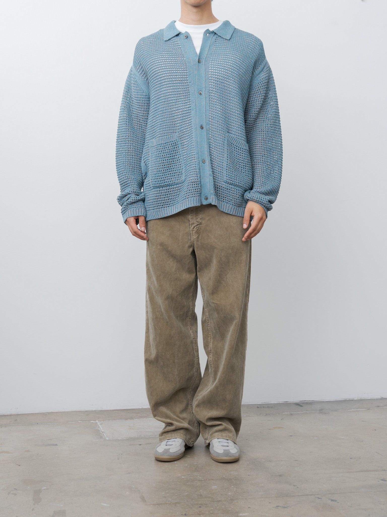 Namu Shop - Yoke Mesh Knitted Shirt Cardigan - Blue