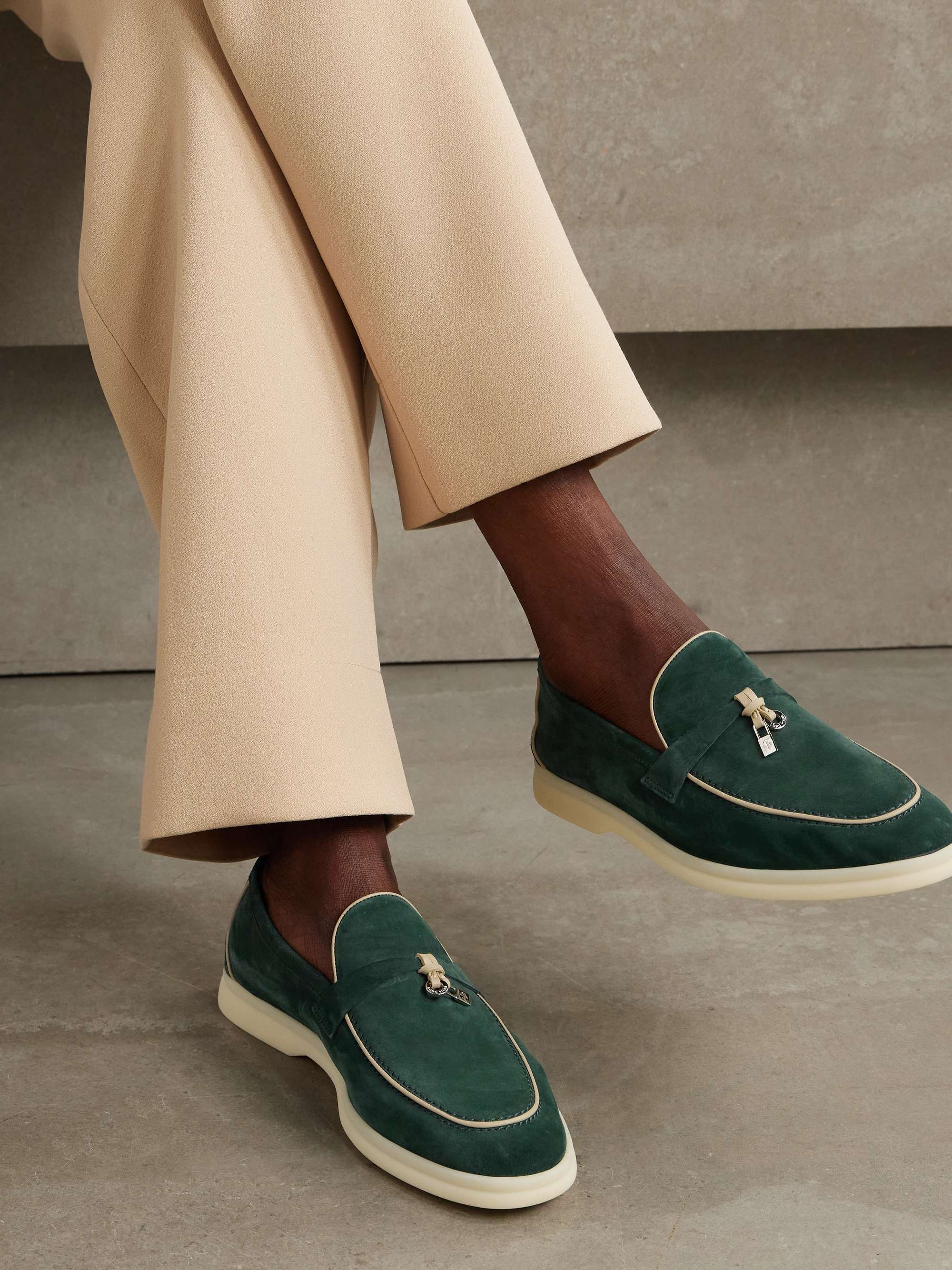 LORO PIANA Summer Charms Walk leather-trimmed suede loafers | NET