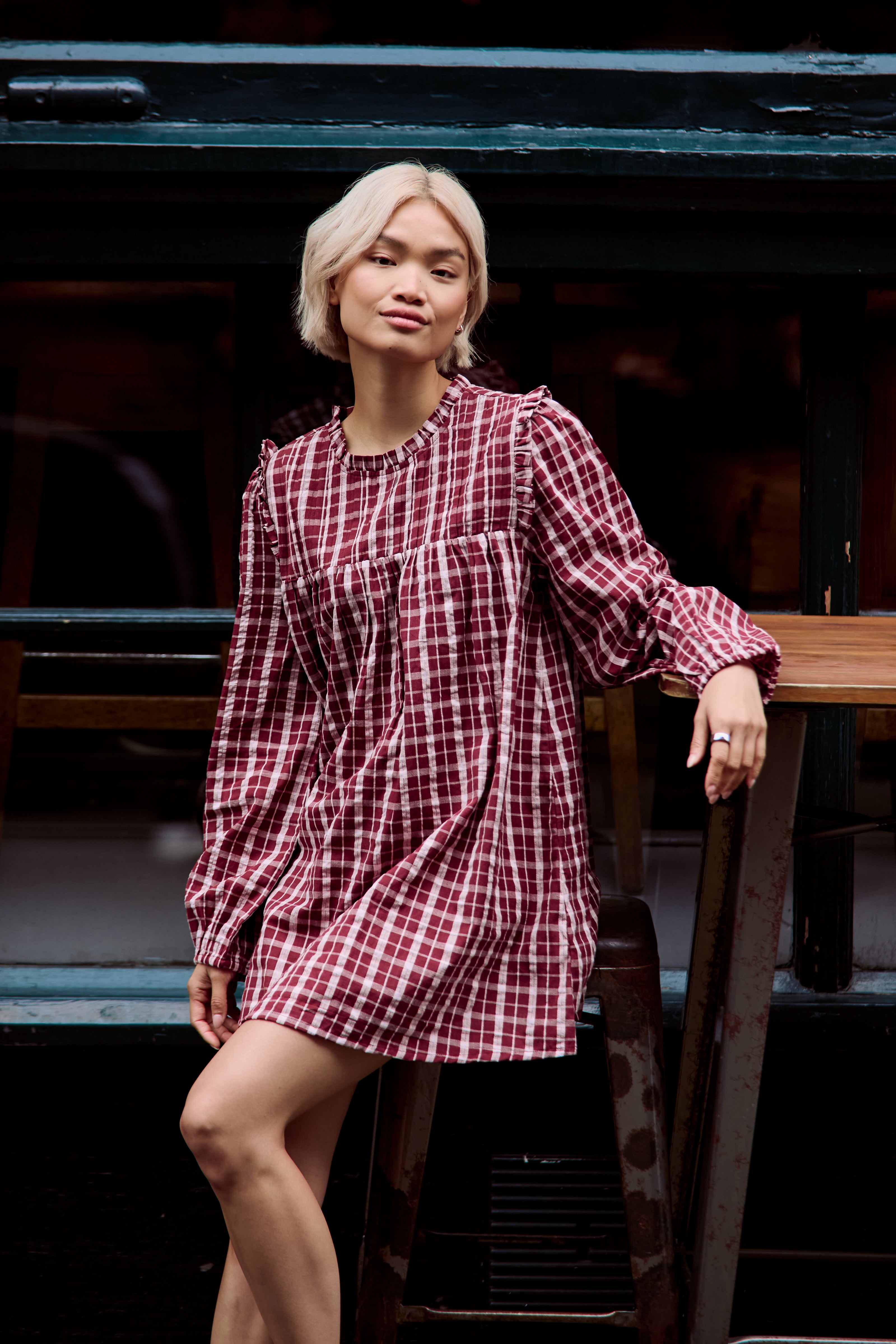 Mia High Neck Textured Check Mini Smock Dress